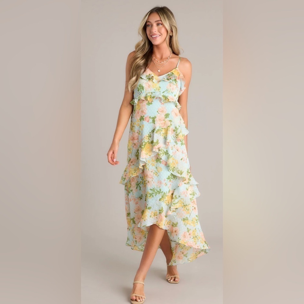 By The River Blossom In Time Blue Multi Floral Ruffle Tiered Midi Dress Size L - Picture 4 of 14